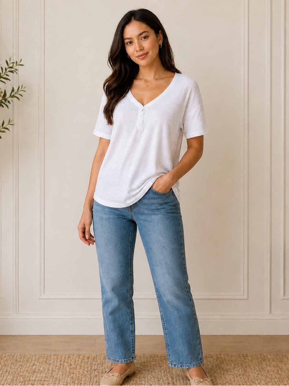 Talbots White Textured Tee | V-Neck Button Detail Short Sleeve Classic Top